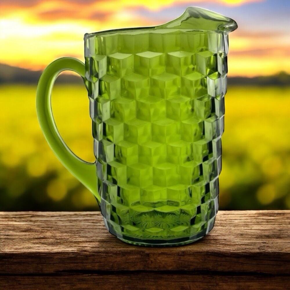 Vintage Olive Green Pitcher Glass Cubist Pattern Fostoria/ Indiana Glass 8.5”